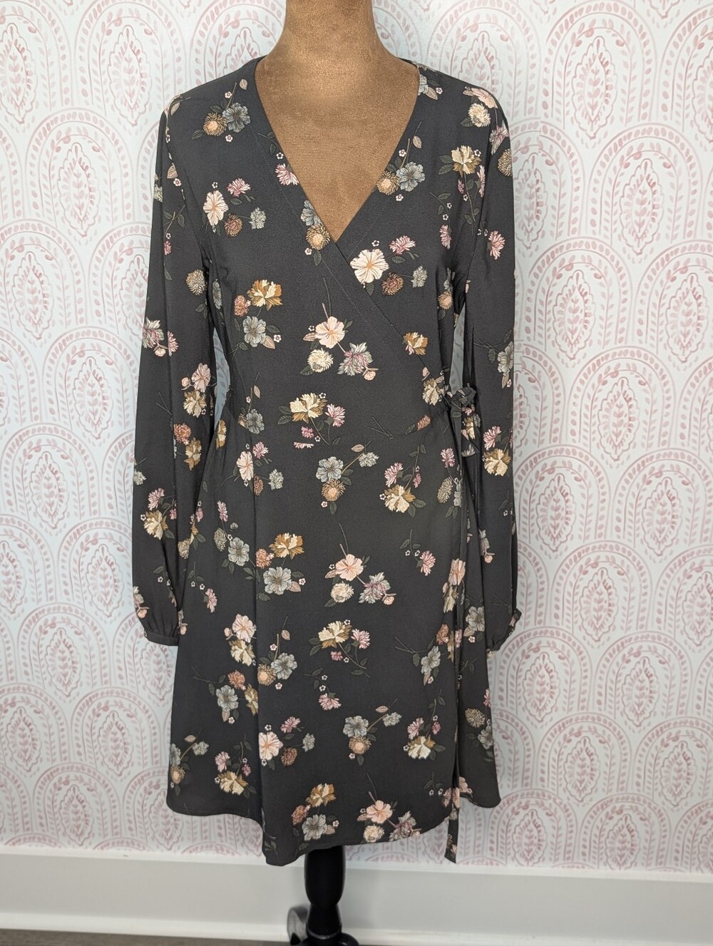 FALL! Loft Floral Wrap Dress in Charcoal with Pastel Blooms